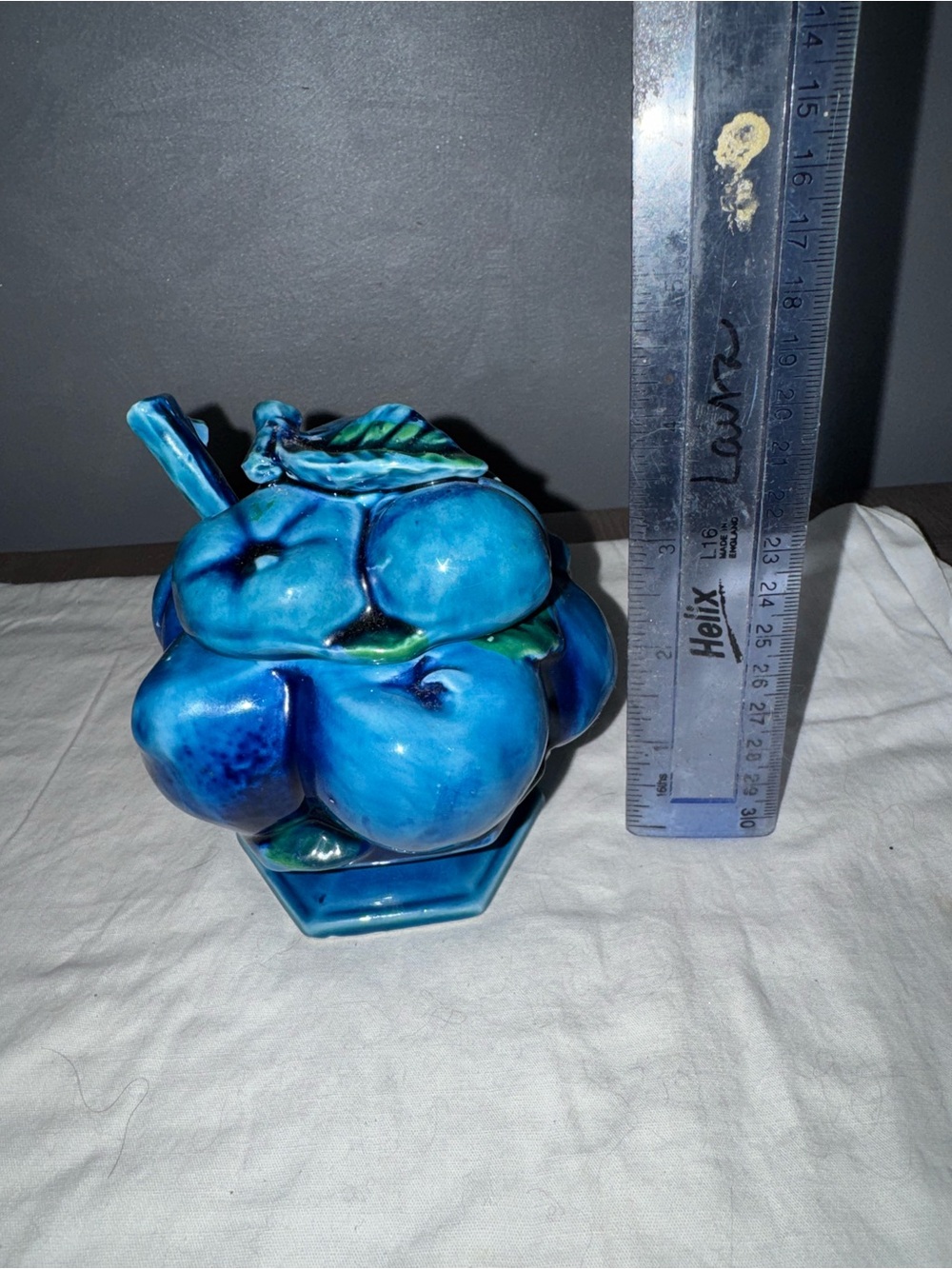 Vintage Inarco Blue molded lidded fruit jam jar with spoon